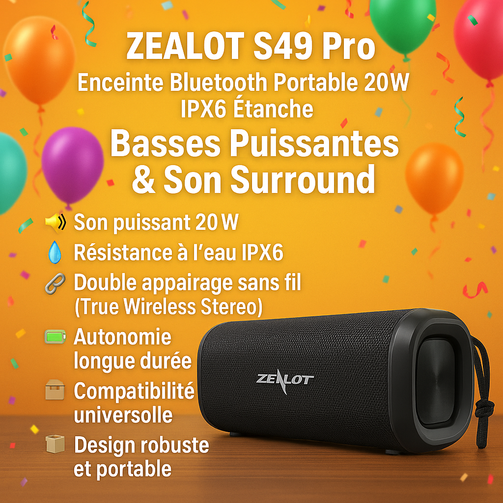 ZEALOT S49 Pro – Enceinte Bluetooth Portable 20W IPX6 Étanche Nexoro